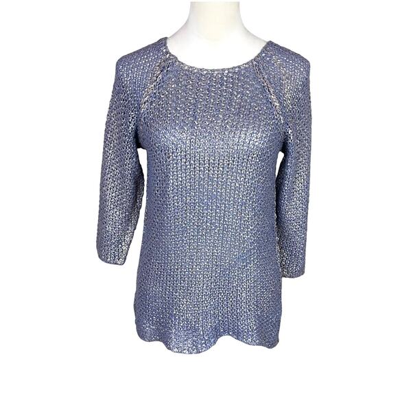Vicolo Northland Blue Open Knit Gold Metallic Wax Coated 3/4 Sleeve Sweater - Picture 1 of 13
